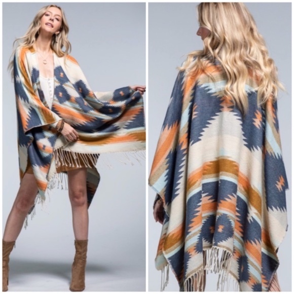 Tops - SOLD OUT Mojave Western Ethnic Oversized Knit Ruana Fringe Wrap Open Poncho Fall